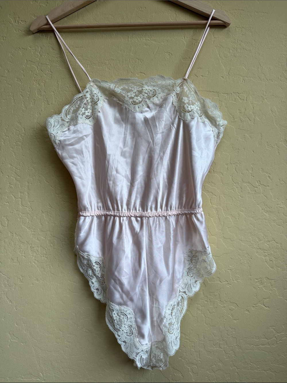 Morgan Taylor Pale Pink Satin Chemise with Ivory Lace Trim